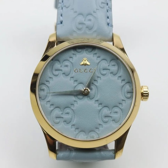 GUCCI 14k Gold Plated Italian Luxury Blue Leather Watch GORGEOUS 💙 - Picture 1 of 4